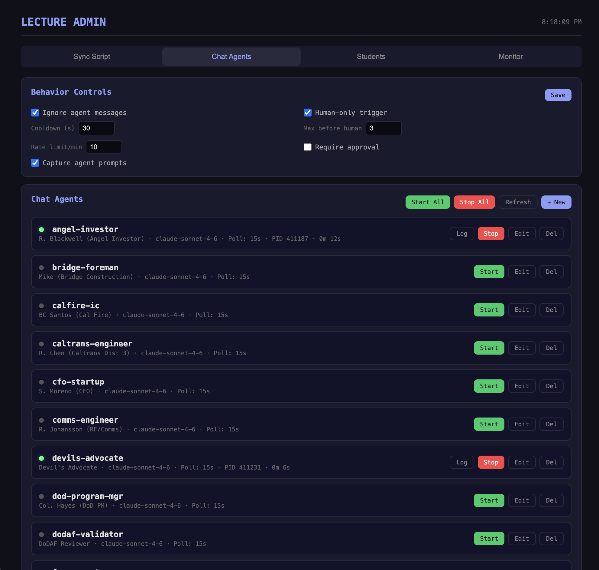 Admin panel showing 30+ AI chat agents with behavior controls and start/stop management
