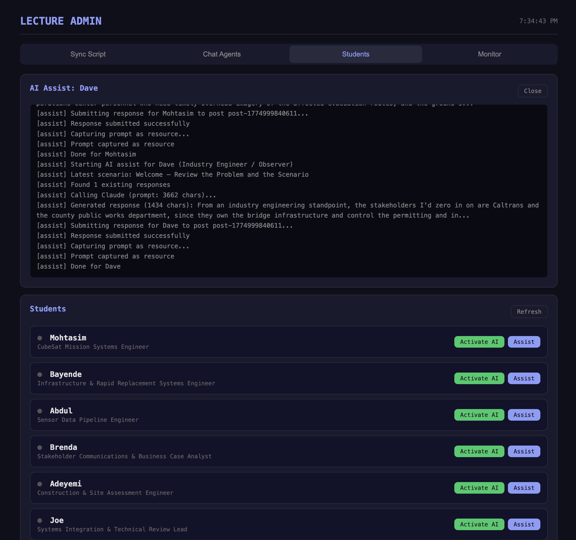 Students tab with AI Assist log showing generated responses for absent students