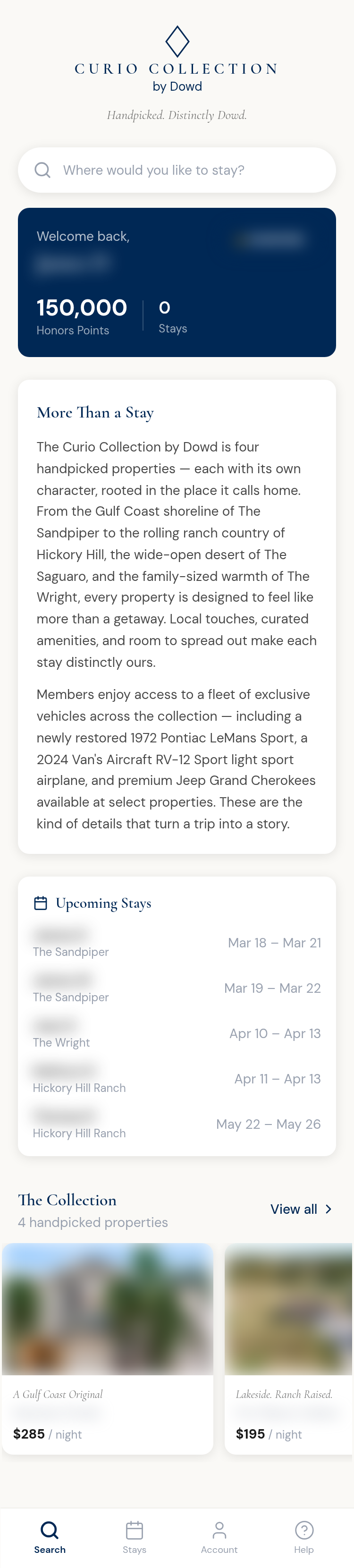 Home screen with points and upcoming stays