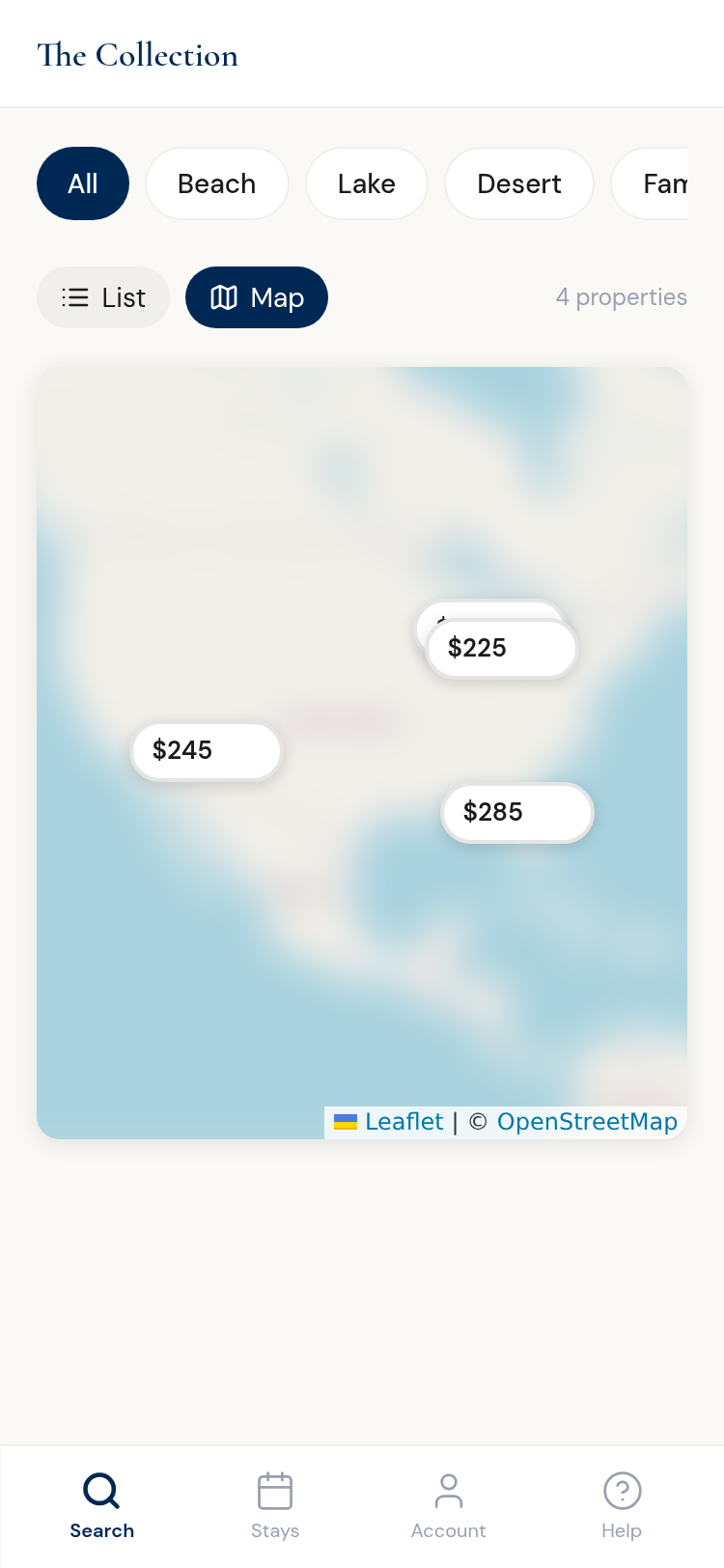 Interactive map view with price markers