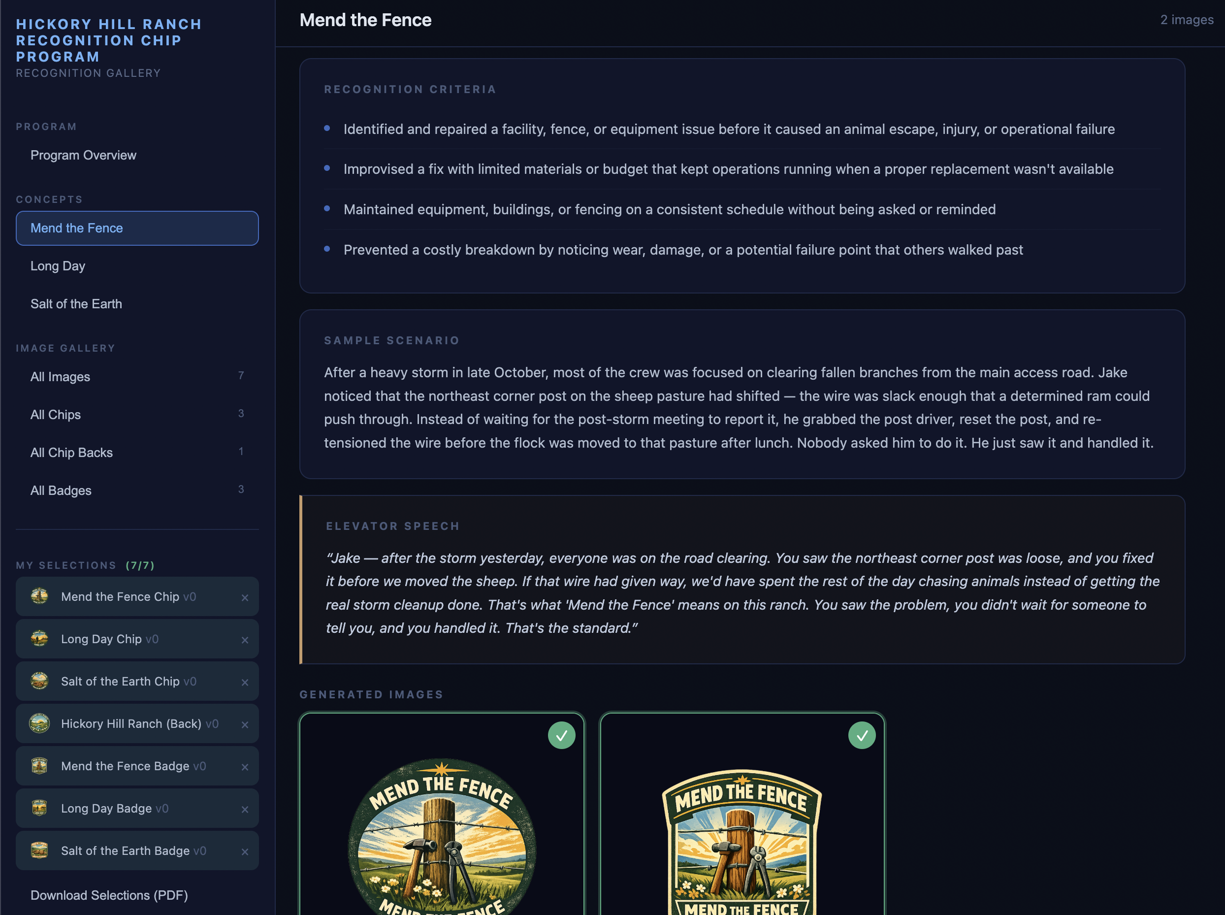 Concept detail view with recognition criteria, scenario, and generated images