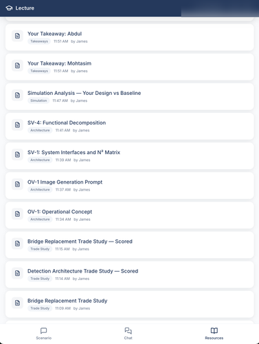 Lecture App resources list showing posted scenarios
