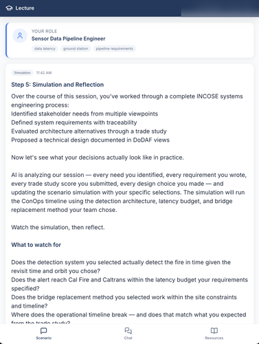 Lecture App scenario view with student role and simulation step