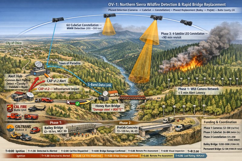 OV-1 Operational Concept showing satellite constellation, detection pipeline, fire response, and bridge location