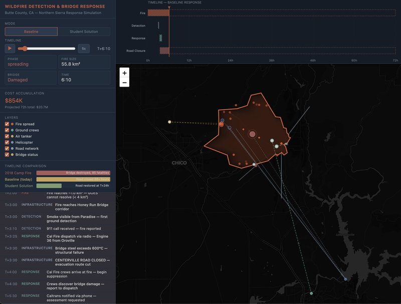 Wildfire detection and bridge response simulation showing fire spread, timeline, cost accumulation, and firefighting operations
